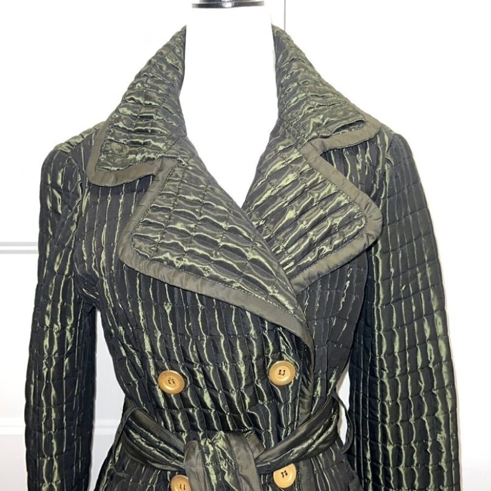ZARA Woman Metallic Green Quilted Double Breasted Tied Trench Coat Size Medium - Picture 3 of 16